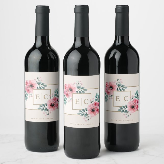 Beige & Pink | Watercolor Flowers Monogram Wedding Wine Label (Bottles)