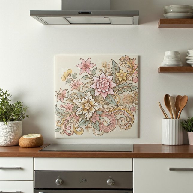 Beige Pink Yellow Boho Indonesian Batik Ceramic Tile (Beige Pink Yellow Boho Indonesian Batik Ceramic Tile)