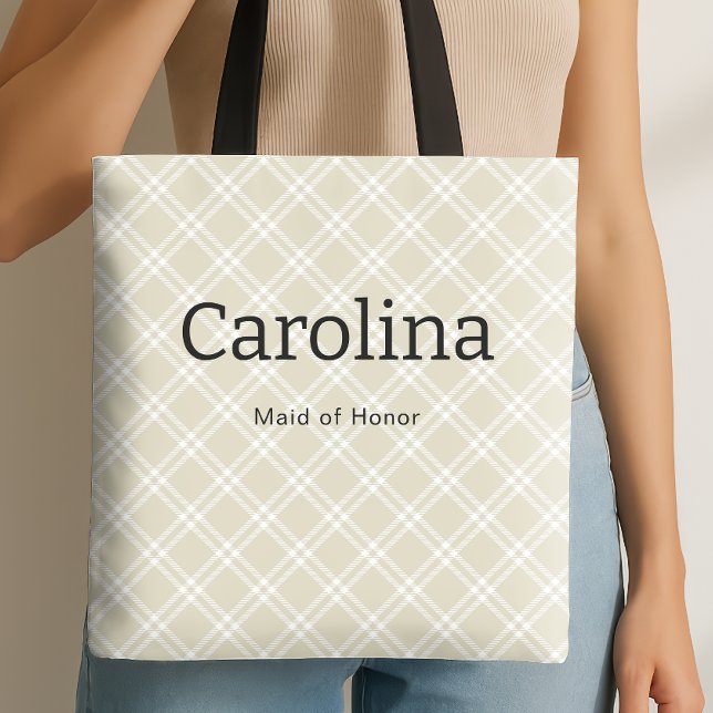 Beige Plaid Bridesmaid Bridal Season Essentials Tote Bag (Creator Uploaded)