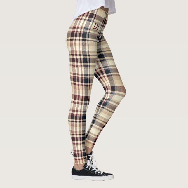 Beige Plaid Classic Checkered Pattern Chic Leggings (Right)