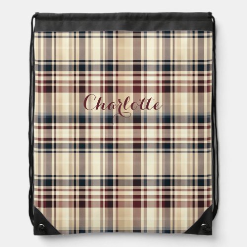 Beige Plaid Classic Checkered Pattern Drawstring Bag