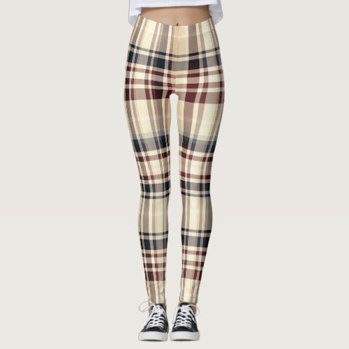 Beige Plaid Classic Checkered Pattern Leggings