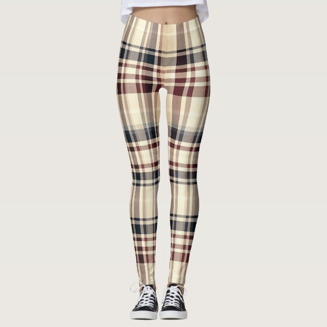 Beige Plaid Classic Checkered Pattern Leggings (Front)