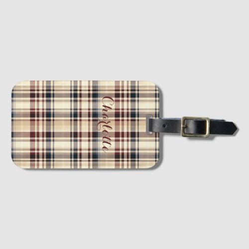 Beige Plaid Classic Checkered Pattern Luggage Tag