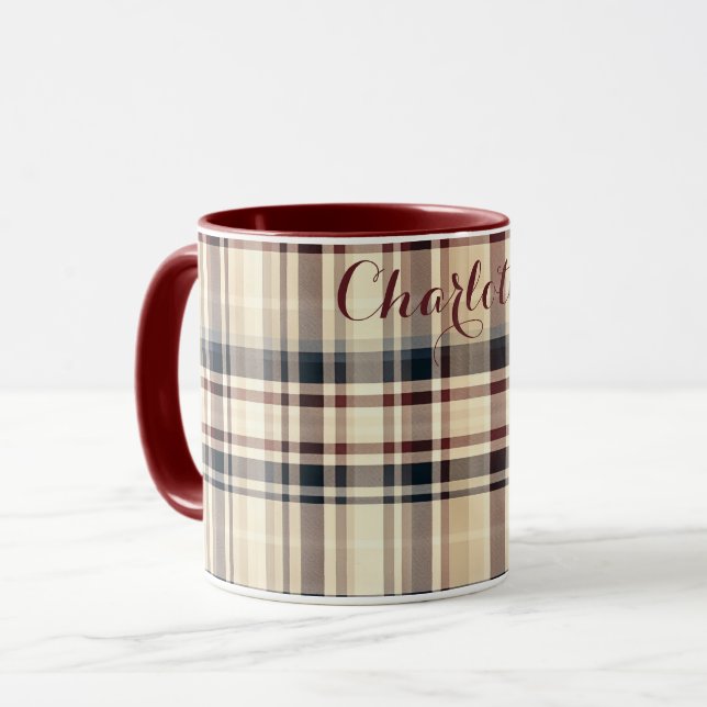 Beige Plaid Classic Checkered Pattern Mug (Front Left)