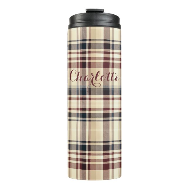 Beige Plaid Classic Checkered Pattern Thermal Tumbler (Front)