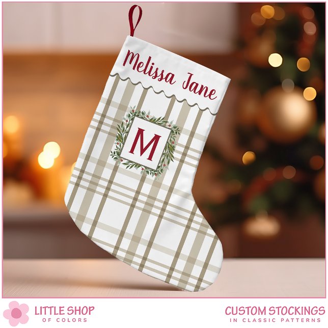 Beige Plaid Evergreen Wreath Customizable Monogram Small Christmas Stocking (Creator Uploaded)
