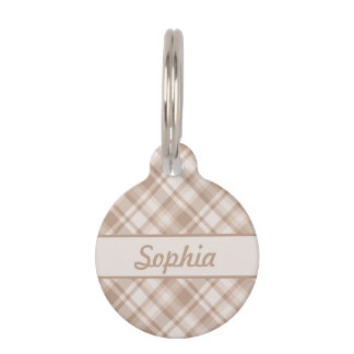 Beige Plaid Pattern &amp; Custom Pet Name And Number ID Tag