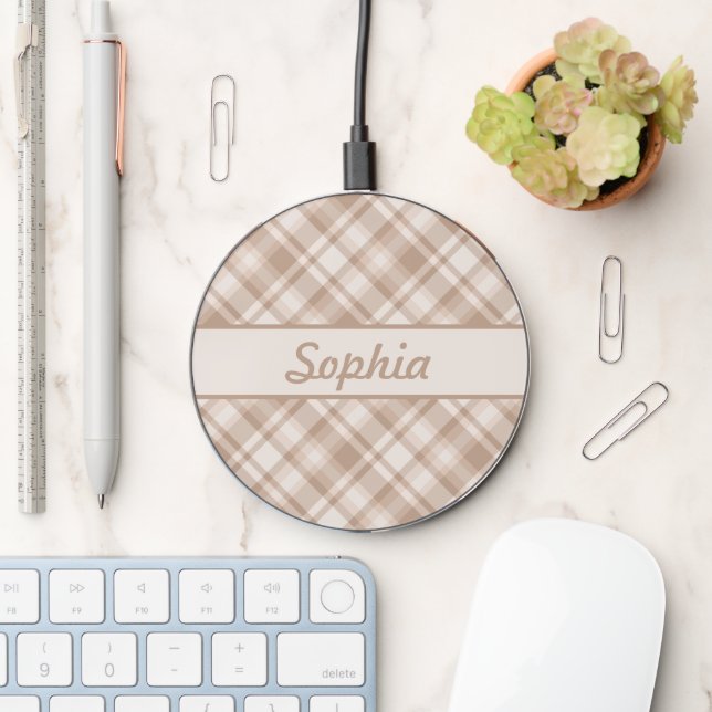 Beige Plaid Pattern With Custom Name Wireless Charger (Desk)