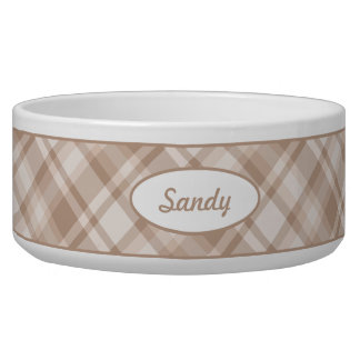 Beige Plaid Pattern With Custom Pet Name Bowl