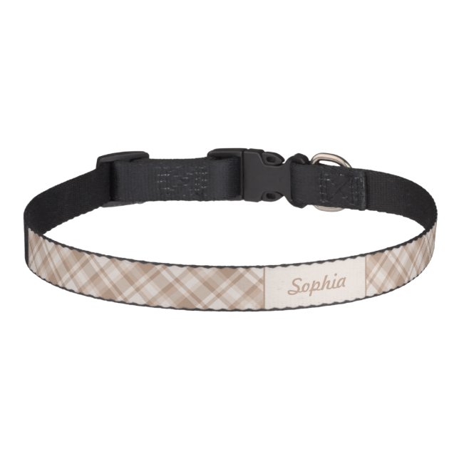Beige Plaid Pattern With Custom Pet Name Pet Collar (Front)