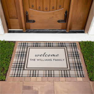 Beige Plaid Personalized Welcome Doormat