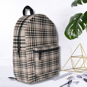 Beige Plaid Printed Backpack