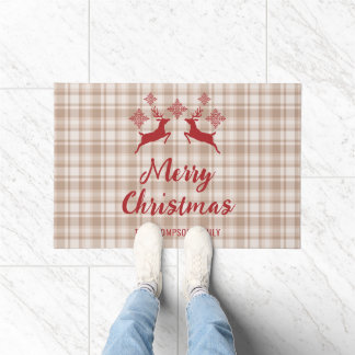 Beige Plaid Red Deer Merry Christmas Custom Name Doormat