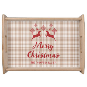 Beige Plaid Red Deer Merry Christmas Custom Name Serving Tray