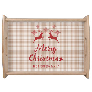 Beige Plaid Red Deer Merry Christmas Custom Name Serving Tray