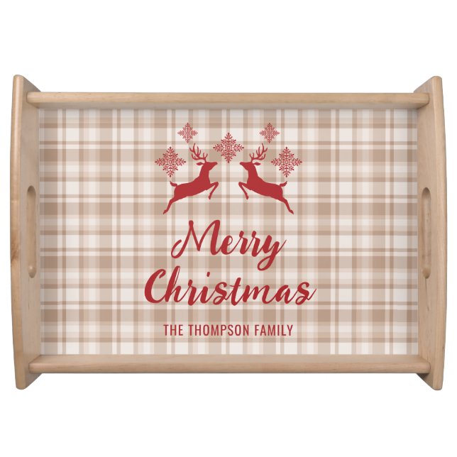 Beige Plaid Red Deer Merry Christmas Custom Name Serving Tray (Front)