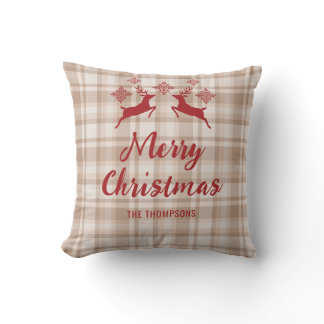 Beige Plaid Red Deer Merry Christmas Custom Name Throw Pillow