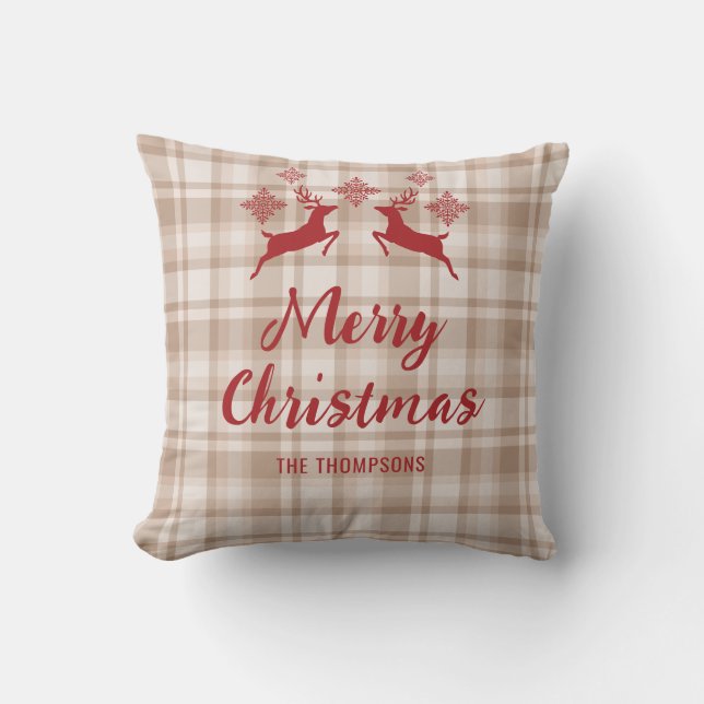Beige Plaid Red Deer Merry Christmas Custom Name Throw Pillow (Front)