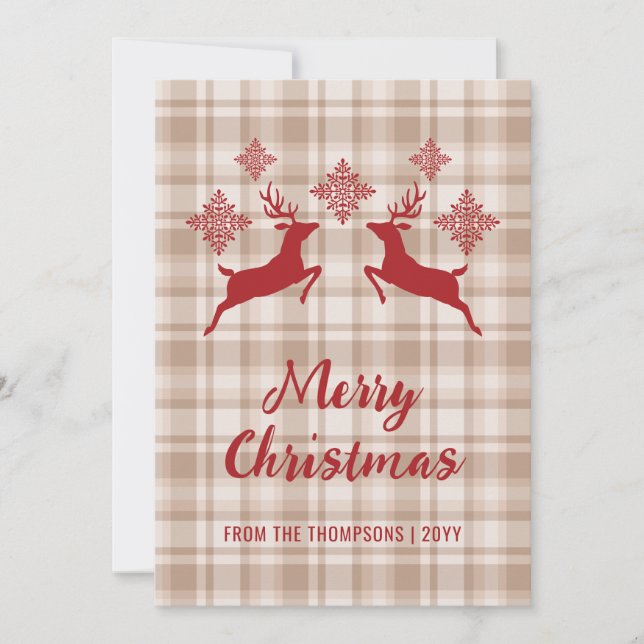 Beige Plaid Red Deer Snowflakes Merry Christmas Holiday Card (Front)