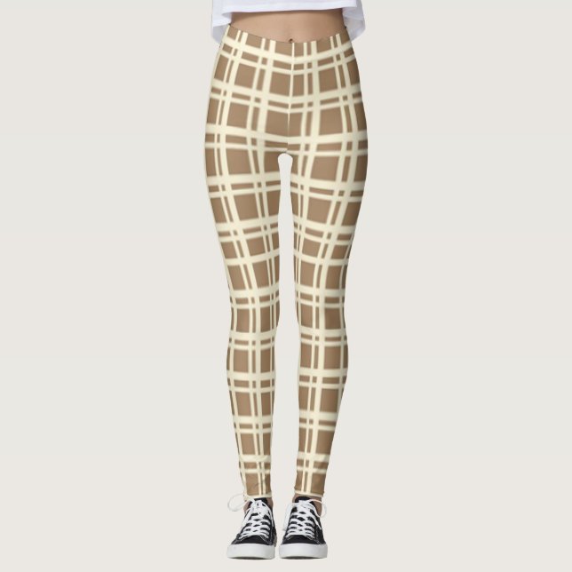 Beige Plaid Tartan Checkered Pattern  Leggings (Front)