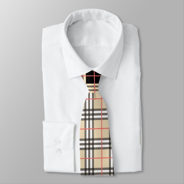 Beige Plaid Tartan Checkered Pattern Plaid Pattern Neck Tie (Tied)
