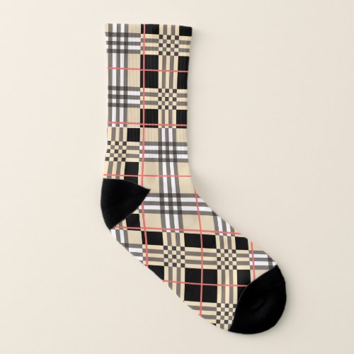 Beige Plaid Tartan Checkered Plaid Buffalo Pattern Socks