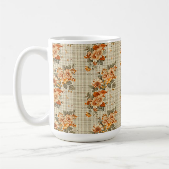BEIGE PLAID WITH ORANGE & YELLOW FALL FLOWERS COFFEE MUG (Left)