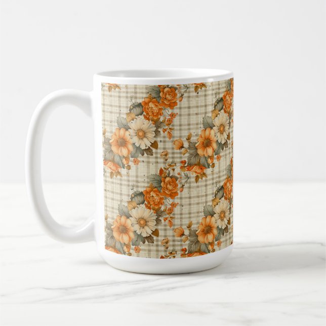 BEIGE PLAID WITH ORANGE & YELLOW FALL FLOWERS COFFEE MUG (Left)