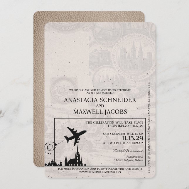 Beige Poland Passport Wedding Invitation (Front/Back)