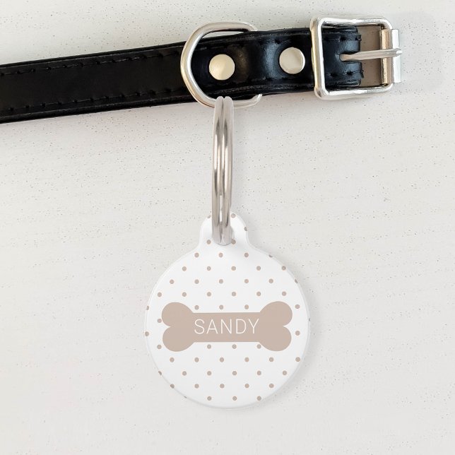 Beige Polka Dots And Dog Bone & Custom Pet Info ID Tag (Please note: This image is a digitally created mockup.)