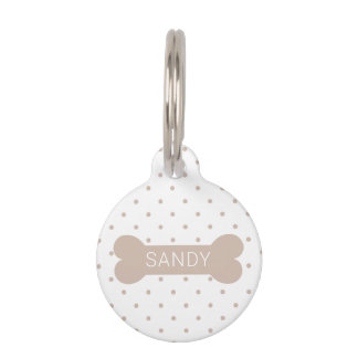 Beige Polka Dots And Dog Bone & Custom Pet Info ID Tag