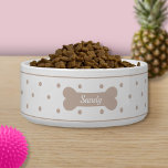 Beige Polka Dots On White With Dog Bone & Name Bowl<br><div class="desc">Simple yet stylish beige polka dots pattern together with a beige dog bone silhouette. There is a personalizable text area for the name of the pet on the bone. The font is a beautiful script font in white color. The top and bottom have a beige border.</div>