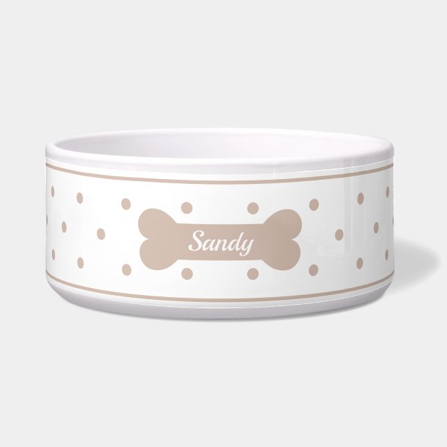 Beige Polka Dots On White With Dog Bone & Name Bowl (Front)
