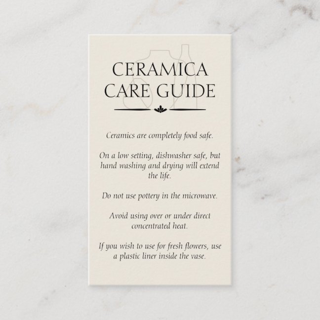 Beige Pottery Art Vase Ceramic Caring Instruction Business Card