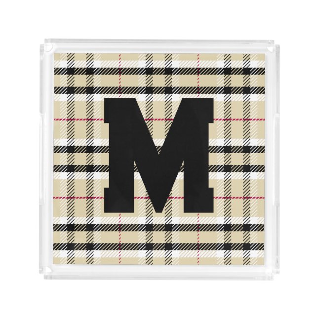 Beige Preppy Plaid Fashion Monogram Personalized Acrylic Tray (Front)