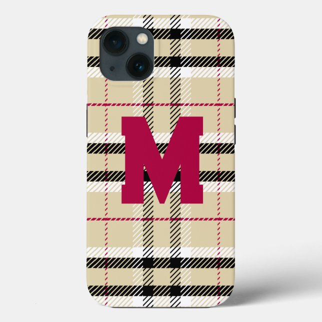 Beige Preppy Plaid Fashion Monogram Personalized Case-Mate iPhone Case (Back)