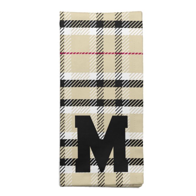 Beige Preppy Plaid Fashion Monogram Personalized Cloth Napkin (Folded)