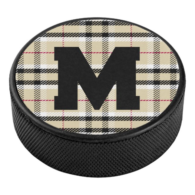 Beige Preppy Plaid Fashion Monogram Personalized Hockey Puck (3/4)