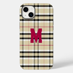 Beige Preppy Plaid Fashion Monogram Personalized iPhone 14 Plus Case
