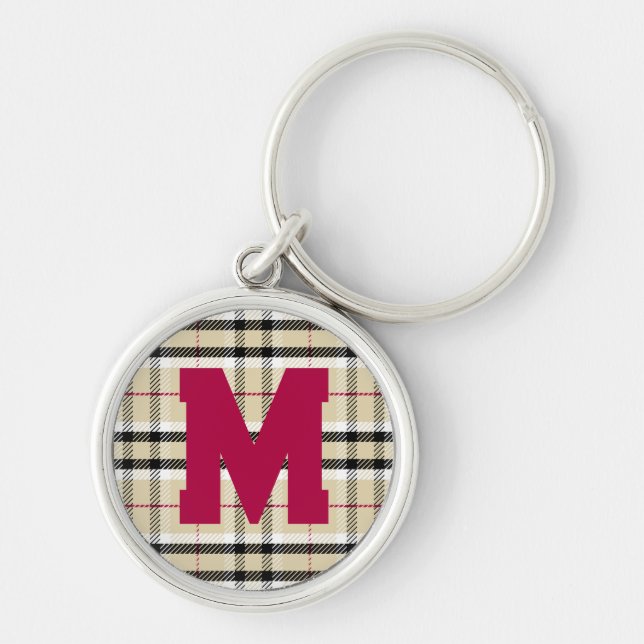Beige Preppy Plaid Fashion Monogram Personalized Keychain (Front)