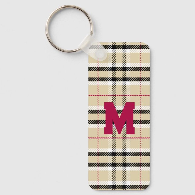 Beige Preppy Plaid Fashion Monogram Personalized Keychain (Front)