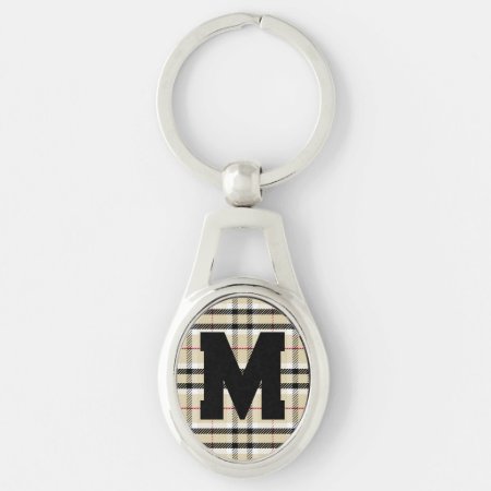 Beige Preppy Plaid Fashion Monogram Personalized Keychain