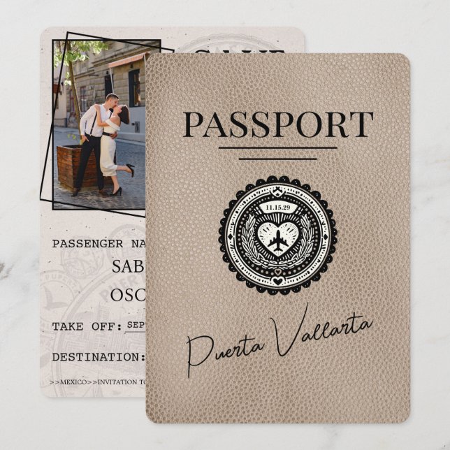 Beige Puerta Vallarta Passport Save The Date (Front/Back)