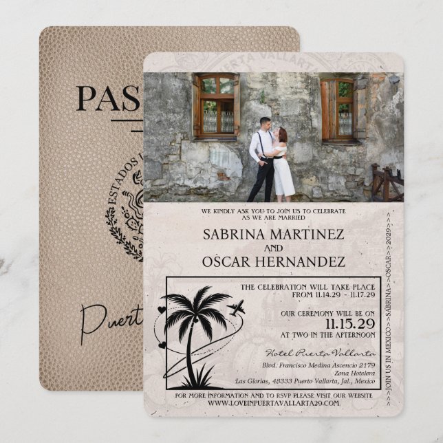 Beige Puerta Vallarta Passport Wedding Invitation (Front/Back)