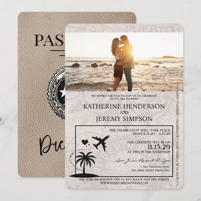 Beige Puerto Rico Passport Wedding Invitation (Front/Back)