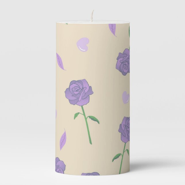Beige Purple Floral Rustic Boho Botanical Wedding  Pillar Candle (Front)