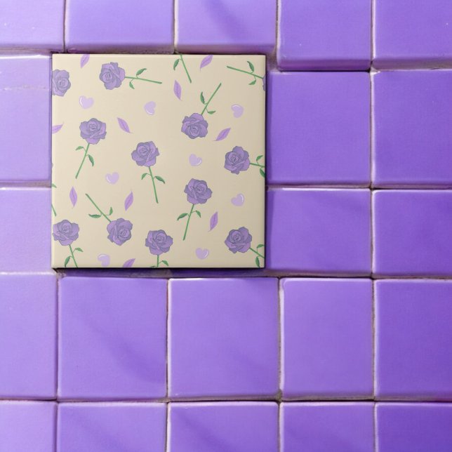 Beige Purple Rose Floral Boho Botanical Pattern Ceramic Tile (Creator Uploaded)