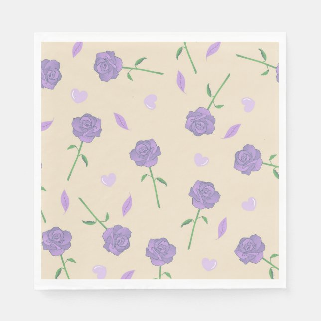 Beige Purple Rose Floral Boho Botanical Pattern Napkins (Front)