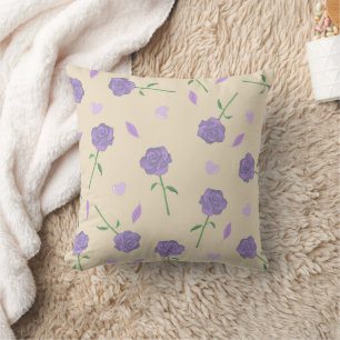 Beige Purple Rose Floral Boho Botanical Pattern Throw Pillow